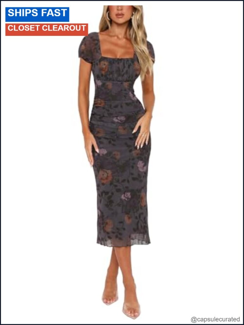 Women's Summer Midi Dress Floral Square Neck Bodycon Mesh Ruched Short Sleeve